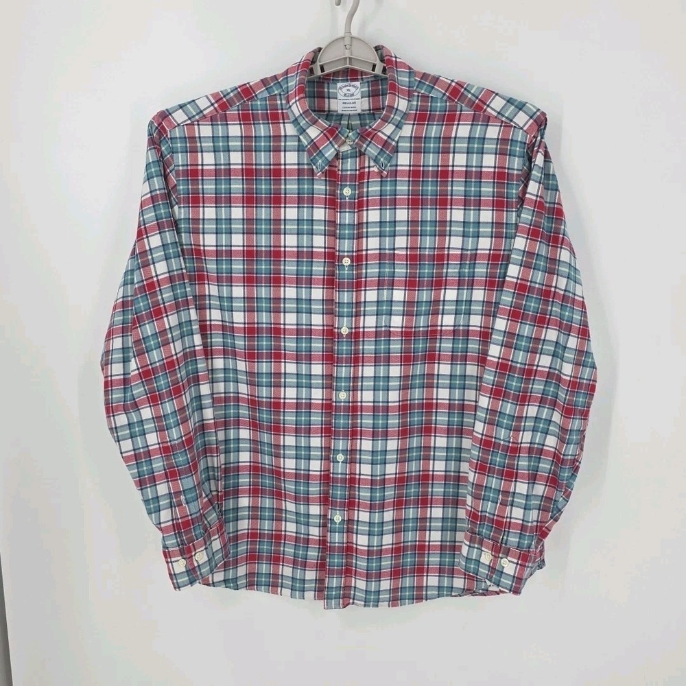 Brooks Brothers Men's XL Plaid Button Shirt Regular Cotton /Wool Blue Red Check